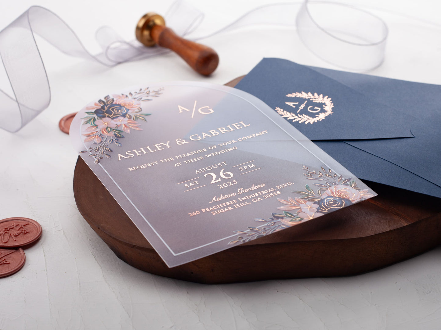 Floral Acrylic Wedding Invitation with Navy Blue Envelope