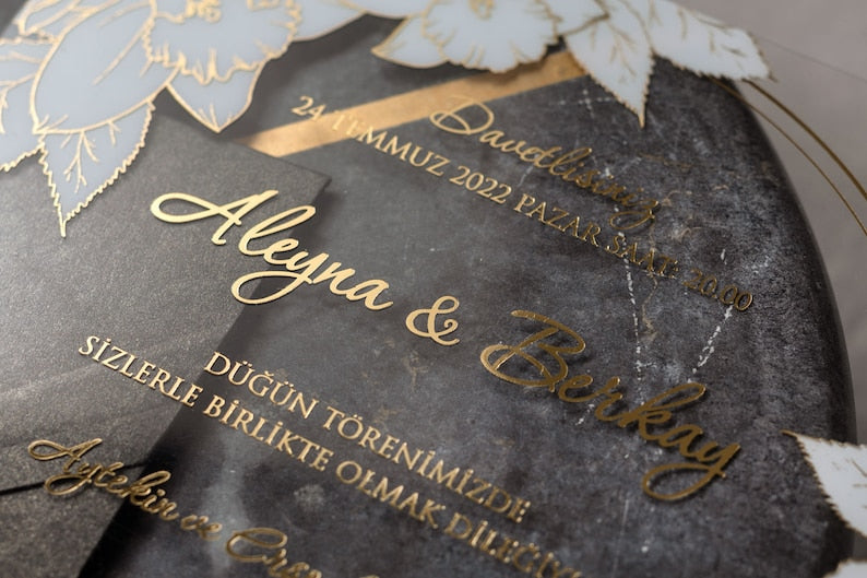 Acrylic Wedding Invitations, White Flovers and Gold Foil Print