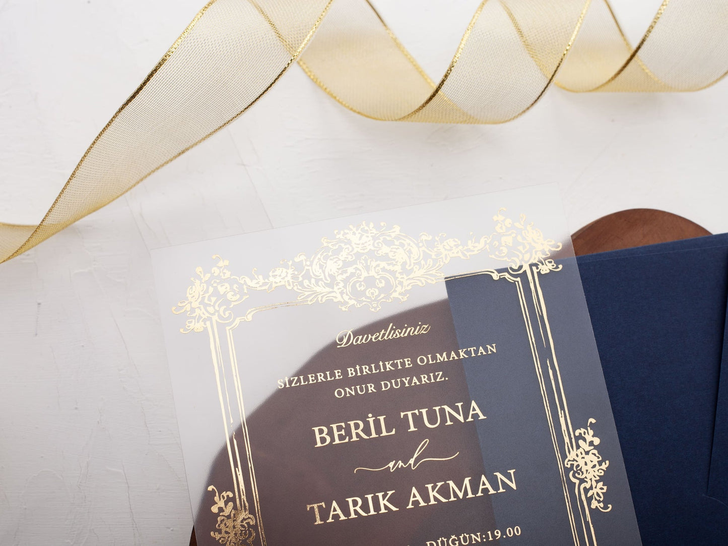 Luxury Acrylic Invitation with Gold Foil and Navy Blue Envelope